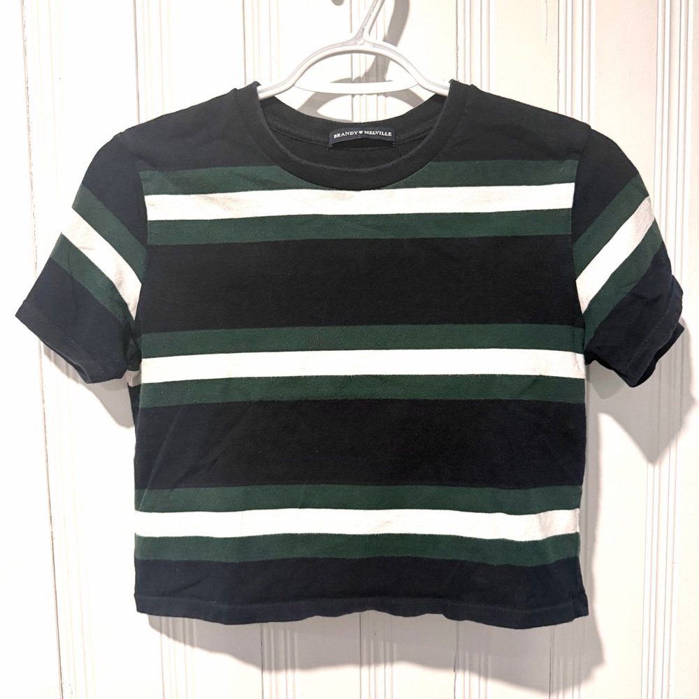 ⭐️ Brandy Melville Helen Navy and Deep Green Striped Tee Cropped